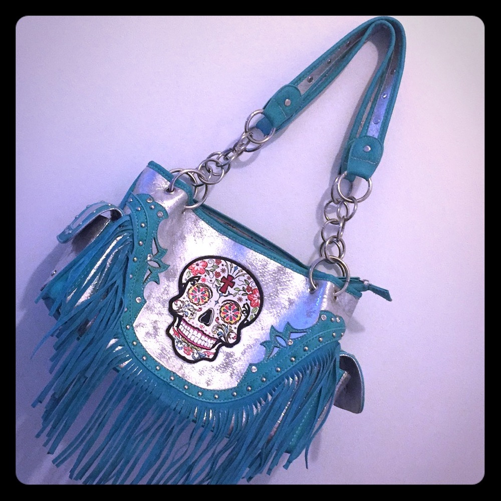 Cowgirl Trendy Teal Sugar Fringe Skull Purse